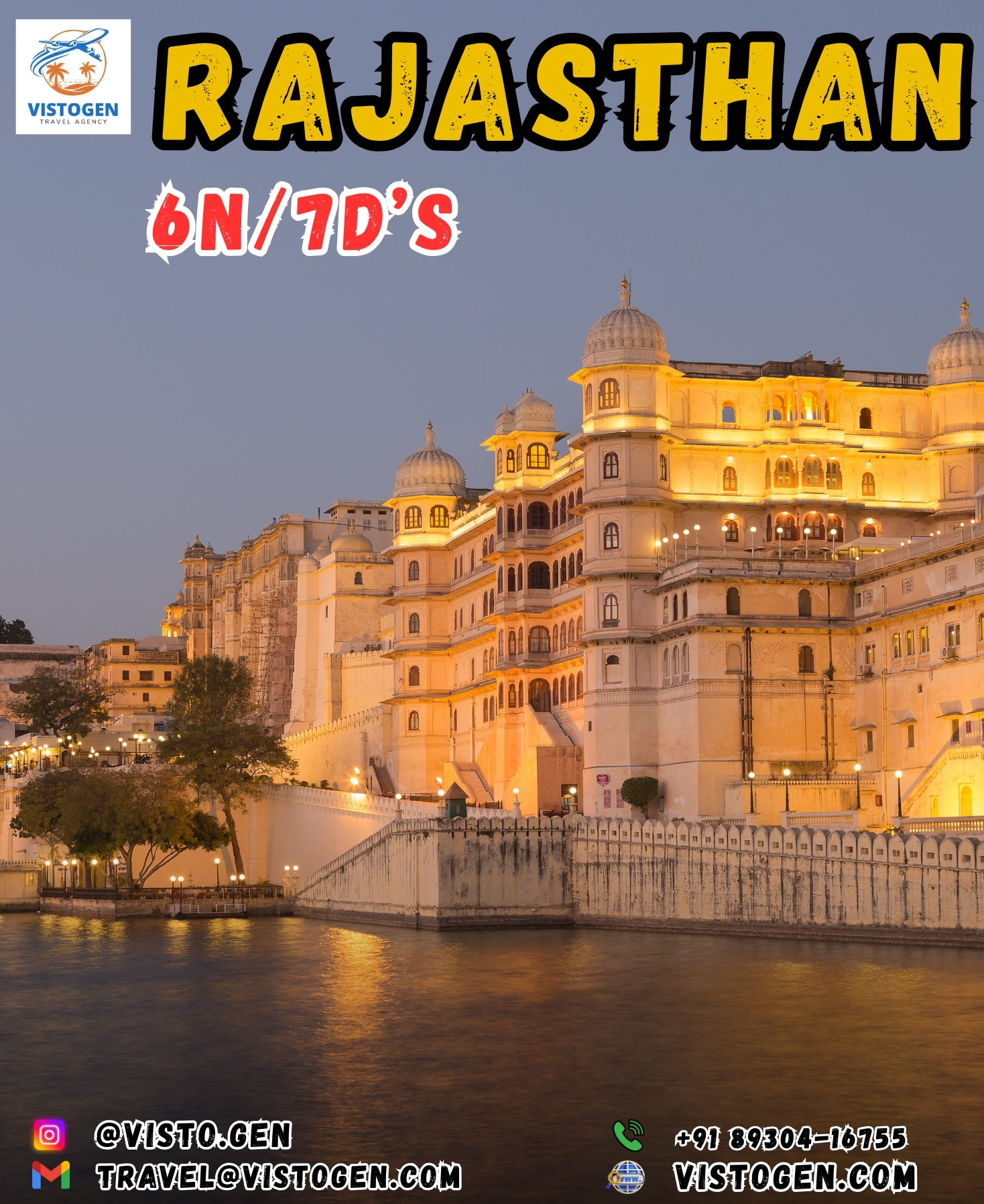 Rajasthan tour package Jaipur Jodhpur Udaipur 6 nights 7 days heritage trip with VISTOGEN