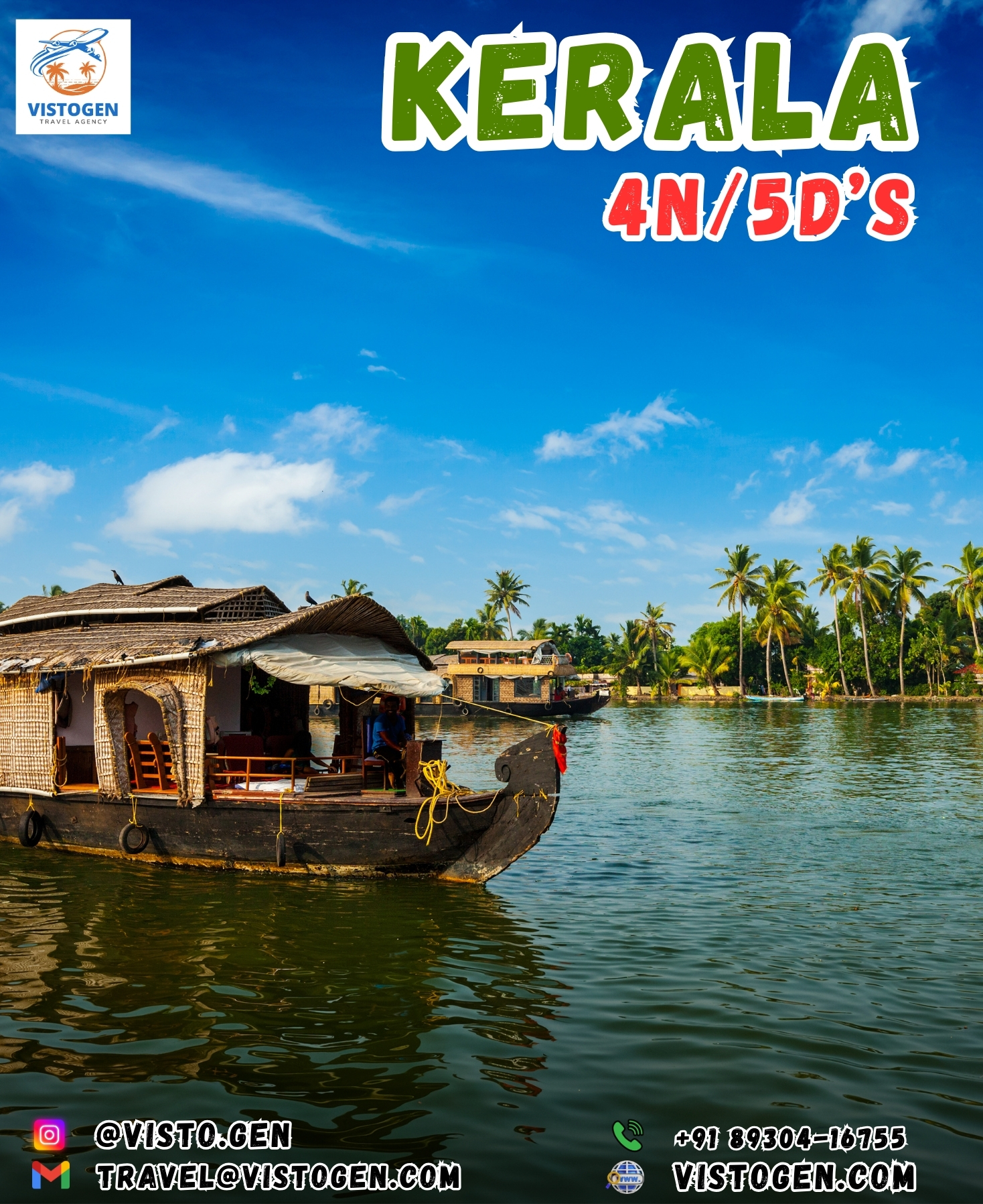 Kerala backwaters tour package Munnar Thekkady Alleppey 4 nights 5 days houseboat stay with VISTOGEN